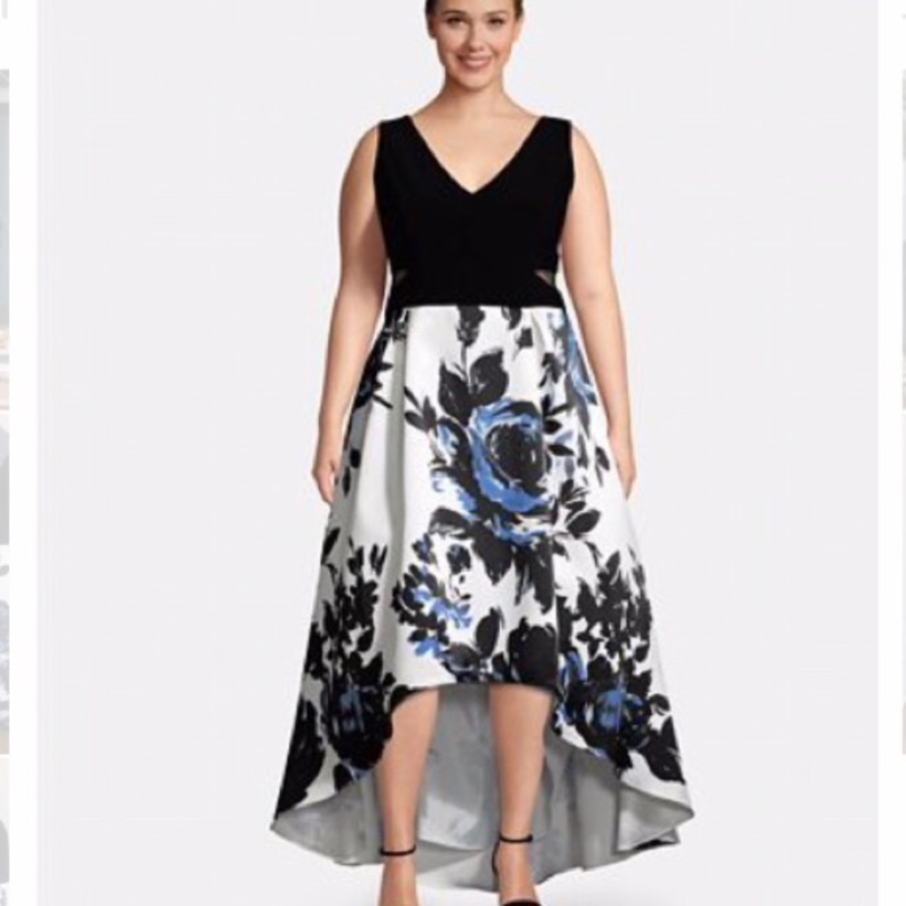 XSCAPE Plus Size High-Low Printed-Skirt Gown NWT